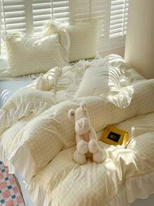 简约清新格子荷叶边羽绒被套装，秋季装饰，秋季装饰，房间装饰