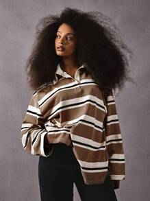 Athîral Women's Earthy Brown Striped Polo Collar Sweatshirt: Casual Long Sleeve Top In Fall/Winter - Coffee Brown - View 6