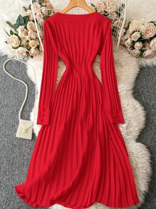 SHEIN LUNE 女士秋冬 V 领长袖褶皱中长连衣裙，束腰，适合新年服装 - 紅色 - 查看 2