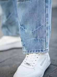 Manfinity Homme 男士简约直筒口袋休闲通勤牛仔裤，日常穿着 - 淺色水洗藍 - 查看 3