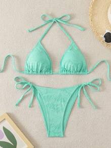 女士纹理蓝绿色比基尼套装，系带侧吊带三角泳装，适合夏季海滩