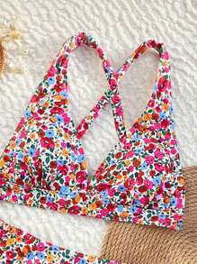 Swim Vcay 夏季两件套碎花吊带交叉后背系带比基尼套装
