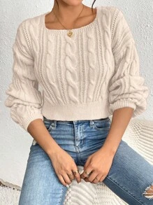 Chiquease 方领灯笼袖扭纹针织毛衣、长袖上衣 - 米色 - 查看 4