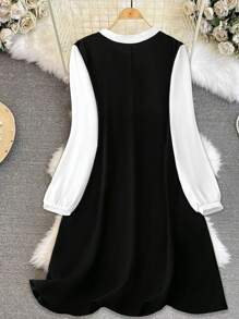 SHEIN LUNE Plus Size Contrast Color V-Neck Elegant Long Sleeve Dress