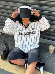 SHEIN EZwear Women's New Striped Letter & Number Print T-Shirt, Sporty Style