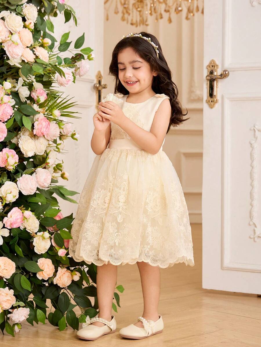 Glamorique Kids 年轻女孩公主裙,杏色刺绣网眼无袖蓬蓬裙,缎纹面料,蝴蝶结装饰,奢华婚礼晚礼服,欧式风格,优雅舞台表演礼服,花童礼服 - 杏色 - 查看 1