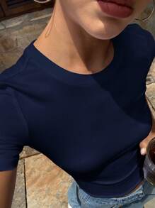 Livesso Camiseta de mujer de manga corta y ajuste ceñido de unicolor con cuello redondo para el verano, ropa de vuelta al colegio - Azul Marino - Ver 4