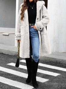 SHEIN LUNE Áo khoác dài tay màu trơn có mũ trùm đầu túi lông dài thường ngày cho nữ, giữ nhiệt mùa đông - trắng - Xem 3