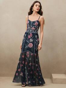 Anewsta 优雅花卉网络拼接印花V领美人鱼下摆细肩带连衣裙，适合情人节、夏季海滩度假、新年装 - 藍色 - 查看 3