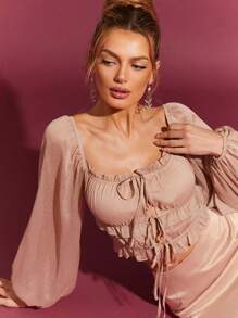 L'Amorae CHIFFON FRONT LACE UP FASHION TOP SIMPLE FASHIONABLE DAILY CASUAL - Apricot - View 1