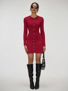 Forever 21 黑色罗纹紧身连衣裙，适合商务休闲，秋冬女士毛衣连衣裙 - 酒紅色 - 查看 4