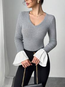 SHEIN Unity Women's Solid Color V-Neck Long Sleeve Casual Top, Minimalist Daily Wear Fall Cloth For Women - Light Grey - View 6