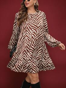 SHEIN LUNE Plus Size Women Valentine's Day Geometric Pattern Round Neck Long Sleeve Ruffle Hem Casual Dress For Outing Vacation Outfits Woman,Modest Dresses For Women,Airport Outfit For Women,Boho Dress Women,Resort Wear Women,Club Dress,Tropical Dress,Spring/Summer