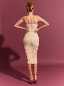 L'Amorae Elegant Sexy Peekaboo Pearl Ruched Bodycon Valentine's Day Midi Dress With Slit
