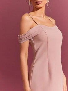 L'Amorae Cold Shoulder Simple Fashionable Backless Daily Casual Dress - Pink - View 3