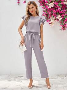 SHEIN Clasi Set de 2 piezas para mujer: Blusa de cuello redondo con volante en mangas cortas y pantalón con cinturón desmontable