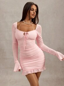 SHEIN BAE 夏季海滩度假纯粉色泡泡袖连衣裙长袖迷你婚纱伴娘礼服约会礼服派对礼服学校季节礼服节日礼服生日礼服夜间外出礼服女士夏季服装/春季服装/情人节服装/狂欢节/海滩度假服装 - 粉色 - 查看 5