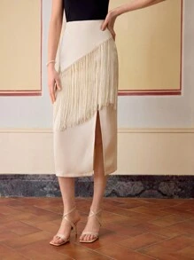 ZEYLAH 流苏饰边大腿开衩裙 - 杏色 - 查看 4