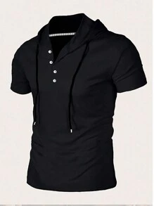 Manfinity Dauomo Men Solid Color Hooded Short Sleeve Drawstring Casual T-Shirt For Summer - Black - View 3