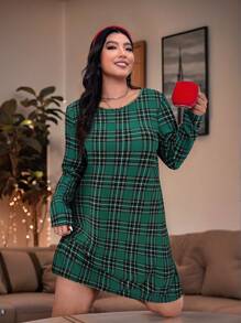 SHEIN VCAY Vestido casual de manga larga, de cuello redondo, con bolsillo y estampado de cuadros, talla grande