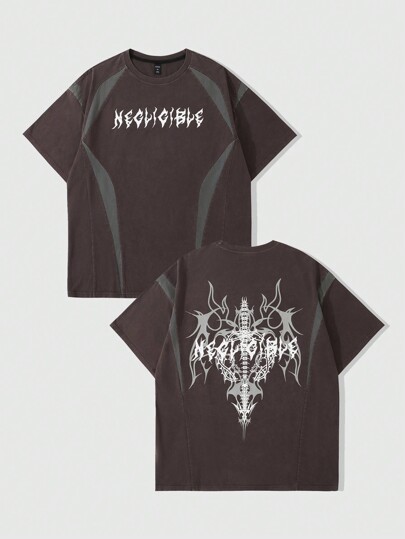 Grunge Punk Herren Grunge Lässig Spliced Säuregewaschenes T-Shirt, Kurzarm