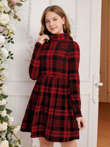 SHEIN Robe tricotée à manches longues à taille haute avec imprimé tartan, pour ado, idéale pour Noël, l'automne ou la rentrée scolaire - Rouge - Voir 5