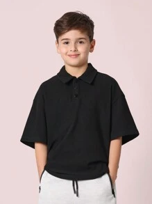 SUMWON Oversized Ribbed Knit Polo Shirt Youth Teen Athletic Casual Short Sleeve School Uniform Sport Classic Preppy Smart Everyday Wear Spring Summer - Black - View 1