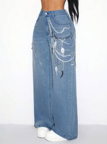 SHEIN ICON Jean large imprimé pour femme - Jean bleu - Voir 4