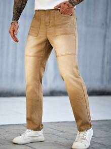 Manfinity Homme Quần Jeans Ống Đứng Túi Đơn Giản Cho Nam, Mặc Hàng Ngày - Màu Khaki - Xem 4