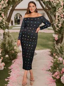 SHEIN Clasi Plus Size Women Heart Print Long Sleeve Off Shoulder Maxi Bodycon Dress, Elegant Party Spring Autumn, Suitable For New Year, Valentine's Day, Thanksgiving, Christmas, Easter, Gala, Christmas Eve, Fashion Show, Christmas Decoration, Christmas Pajamas - Black - View 4