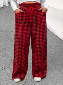 Flirla Back To School Plaid High Waist Slimming Unique Design Straight-Leg Wide Leg Pants, Plus Size - Red - View 3