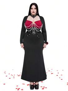 Whyspr Goth Punk Plus Size Women Square Neck Faux Pearl Chain Decor Colorblock Long Sleeve Vintage Elegant Party Dress,Valentine - Black - View 6