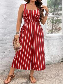 SHEIN VCAY Plus Size Boho Casual Stripe Navy Long Jumpsuit, For Summer - Burgundy - View 4