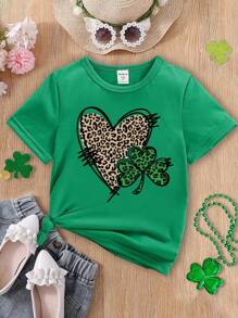 SHEIN Tween Girls Casual Fashionable Creative Leopard Print, Clover, Heart Graphic Short Sleeve T-Shirt