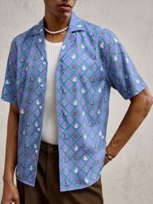 AKNOTIC Business Casual Men's Woven Patterned Print Casual Short Sleeve Shirt, Suitable For Summer
