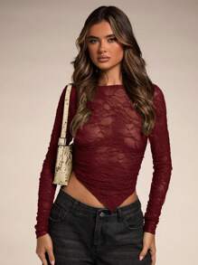 SHEIN BAE Blusa de mujer de color gris verde de cuello redondo asimétrico y transparente, ideal para una cita nocturna, fiesta de solteros, fiesta de cócteles, inicio del colegio, conciertos, fiestas rave, salidas de moda y de alta calle. Blusa de manga larga de encaje para mujer, diseño sexy - Burdeos - Ver 4