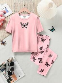 Meisjes Casual Minimalistische Vlinderprint Roze Korte Mouw Top En Broek Pyjama Set, Nauwsluitende Pasvorm, Lente/Zomer
