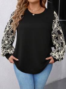SHEIN LUNE Tops casuales simples y talla grande vendidos para mujer de talla grande con cuello redondo, mangas largas y empalmes bordados