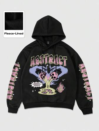 Street Life Felpa con cappuccio da uomo con stampa a lettere e cartoni animati, maniche lunghe