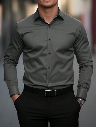 Manfinity Mode Camisa social masculina de cor sólida com botões frontais, ideal para o outono, manga longa.