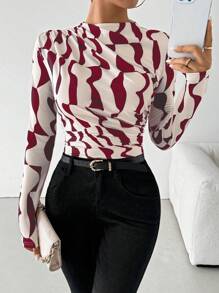 SHEIN PETITE Asymmetrical Geometric Ruched Collar Long Sleeve Casual T-Shirt For Women Graphic Tees Women Tops For Spring