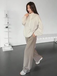 DAZY 女式宽松简约连帽长袖大口袋连帽衫，秋季女装运动衫 - 米色 - 查看 2