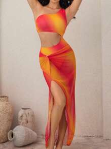 Swim Oasis 2pcs Women Summer Beach Vacation Sexy Ombre One Shoulder Hollow Out Swimsuit & Gradient Ombre Long Skirt Cover Up Set - Multicolor - View 6