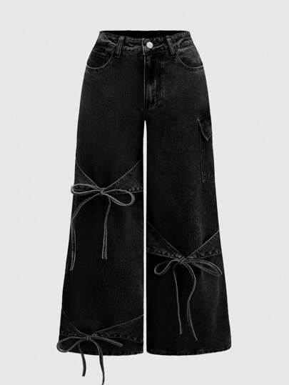 Kawaii Plus Size Women Bowknot Waist Loose Fit Flared Leg Jeans, Versatile