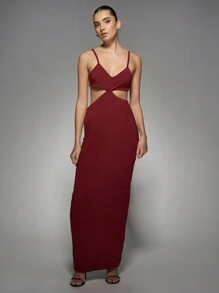 MISSGUIDED Vestido Longo de Festa Elegante com Recorte na Cintura, Alças Finas e Ajuste Slim, Vestido Longo Formal - Vermelho - Visão 6