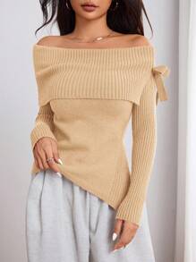 SHEIN Unity Women's Elegant Off Shoulder Split Knit Sweater, Casual For Autumn/Winter Knit Pullover Fall Sweater - Apricot - View 3