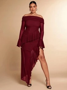 SHEIN BAE Robe longue avec une seule épaule, décoration de volant en maille tulle noire unie, fente haute, ourlet pour femmes grandes tailles au printemps, en automne et en hiver. Robe élégante et sexy, robe douce, robe romantique pour rendez-vous, robe pour la Saint-Valentin, le Nouvel An, les festivals, les fêtes