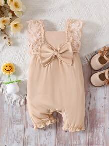 SHEIN Babygirl Spring/Summer Apricot Casual Minimalist Versatile Ribbed Fabric Lace Shoulder Strap Elastic Waist Bow Decor Open Crotch Romper - Apricot - View 1