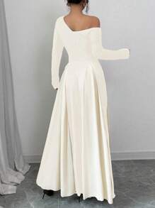 Rafferiza Váy Maxi Thanh Lịch Thường Ngày Cho Nữ, Vai Xiên Nhún, Viền Bất Đối Xứng, Tay Dài Ôm Sát, Trang Phục Maxi Cho Nữ - Màu be - Xem 2