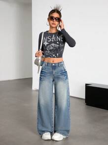 SHEIN 少女复古宽松蓝色牛仔裤